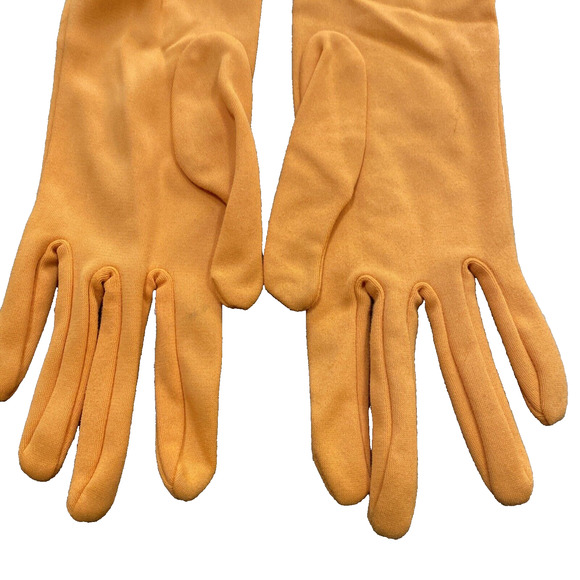 Vintage Dressy Orange Stretch Textile Gloves Ruched Elastic Wrist One Size 1960s - Picture 4 of 8